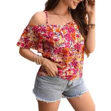 Top Camisero para Mujer, Estampado Floral, Tirantes Finos, Hombros Descubiertos, Manga Corta, Blusa Casual Boho para Primavera, Verano, Playa y Vacaciones - múltiple - Ver 4