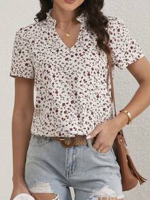 Blusa de manga abombada con cuello de muesca y volantes florales Ditsy para mujer - Beis - Ver 1