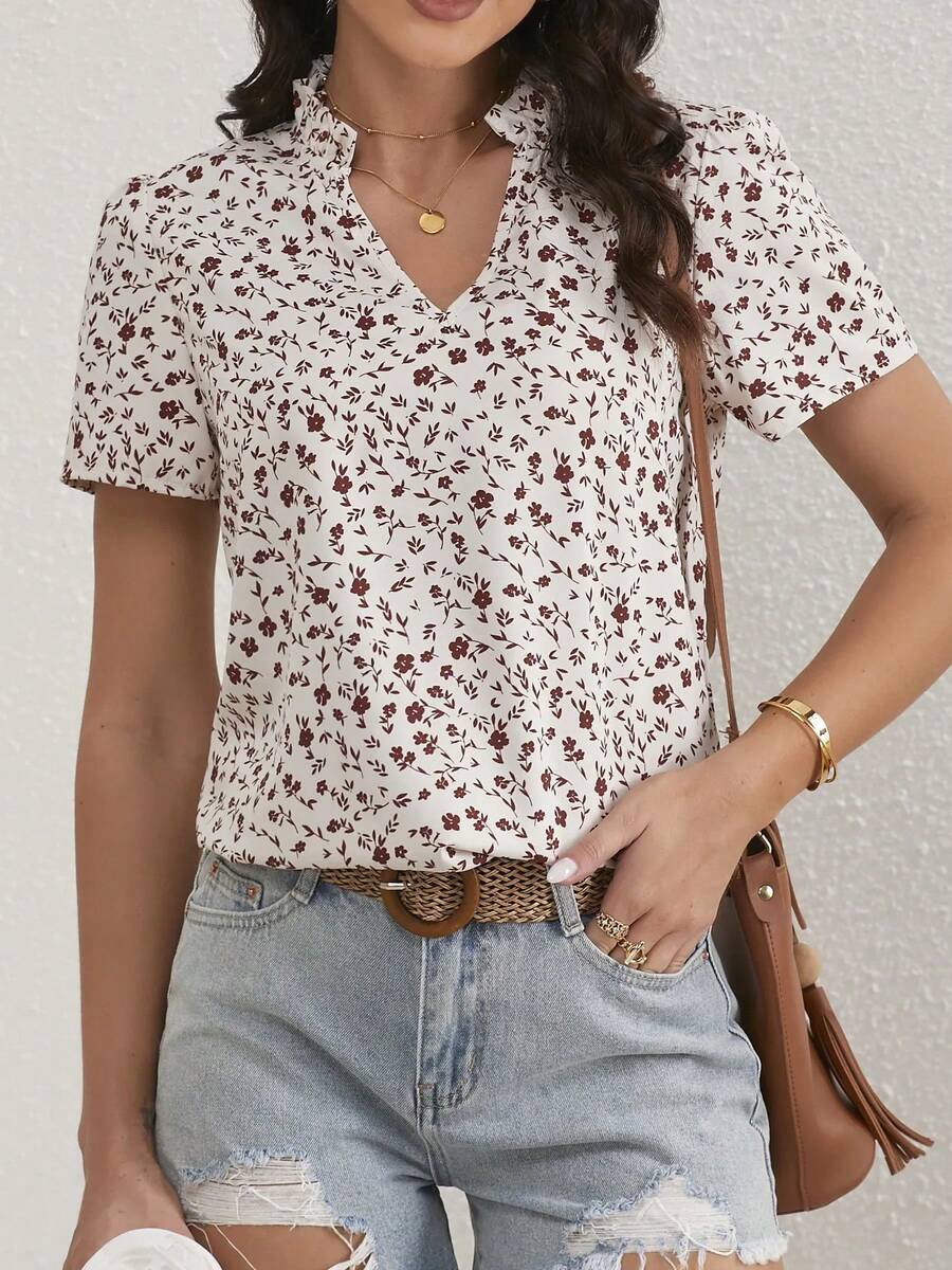 Blusa de manga abombada con cuello de muesca y volantes florales Ditsy para mujer - Beis - Ver 1