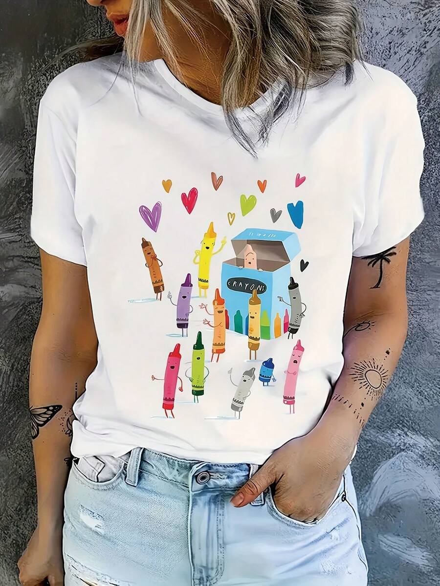 Camiseta estampada para mujer - camisa casual diaria en color negro con diseño divertido de impresión de colores, prenda suave y cómoda ideal para uso cotidiano, ropa lavable a máquina perfecta para verano, estilo juvenil y moderno - Blanco - Ver 1