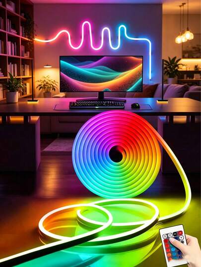 1条24键遥控RGB LED霓虹灯条 - 可调光，柔性硅胶材质，适用于标牌、卧室、游戏室和派对装饰