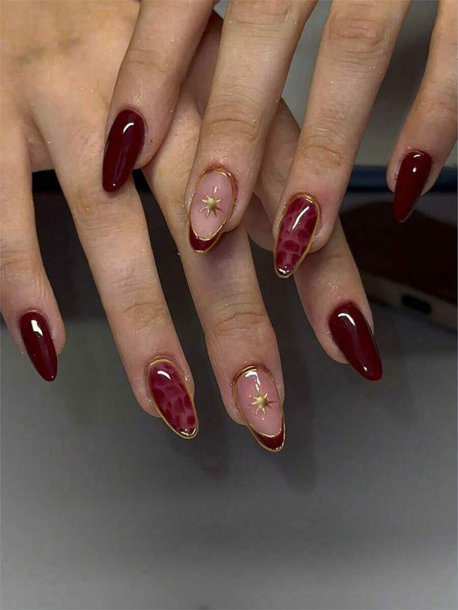 24pcs Almond Shaped 3D Gel Nail Stickers, Can Create Star, French Manicure, Leopard Print And More Nail Art Designs, Perfect For Acrylic Nails. Set Includes: 1pc Jelly Gel And 1pc Nail File. Burgundy And French Manicure Nails, Suitable For Women's Daily Work, Festivals And Parties. - Burgundy - View 1