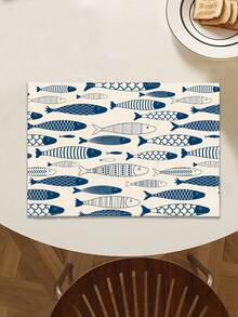 1pc Mediterranean Blue & White Fish Pattern Linen Table Runner, Suitable For Holidays, Parties, Birthdays, Dinners, Kitchen & Dining Room Decor, Shoe Cabinet Cover, All Season Home Decor & Textile - Multicolor - View 15