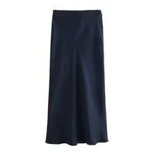 Willshela 2024 falda de satén negro para mujer, faldas largas elegantes de cintura alta para mujer, falda Midi de verano a la moda, faldas de oficina para mujer - Azul marino - Ver 7