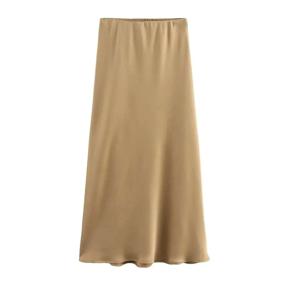 Willshela 2024 falda de satén negro para mujer, faldas largas elegantes de cintura alta para mujer, falda Midi de verano a la moda, faldas de oficina para mujer - Caqui claro - Ver 1