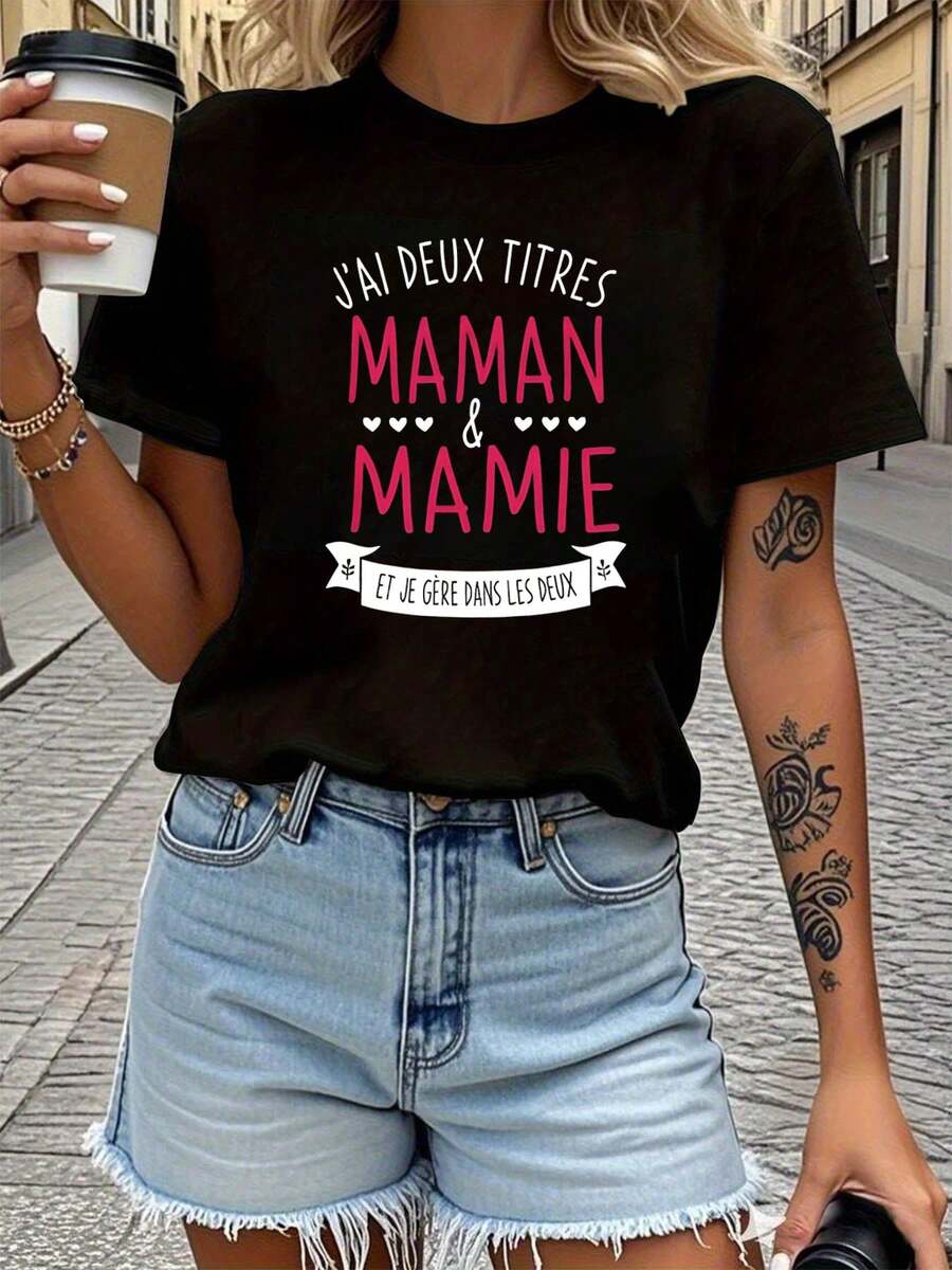 Tengo Dos Títulos Mamá Carta Imprimir Camiseta, Manga Corta Crew Cuello Casual Top para Verano y Primavera, Ropa de Mujer