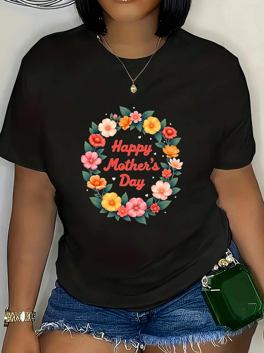 Men'S And Women'S T-Shirts Showcasing A Floral Wreath Pattern For Mother'S Day, Designed With A Cozy Crew Neck. Made From Soft Material For A Joyful Mother'S Day. Available For Local Delivery - Black - View 1