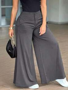 Pantalones anchos y sueltos de unicolor y casual para mujer, elegantes y minimalistas para la primavera - Gris Oscuro - Ver 3