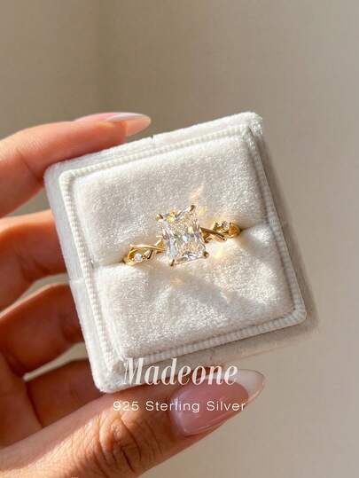MADEONE 1枚精美925纯银藤蔓图案长方形主锆石戒指，浪漫精致的女士珠宝，完美适用于特殊场合