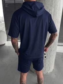 FRACTYR Men's Summer Casual Solid Color Hoodie And Drawstring Waist Shorts Set - Navy Blue - View 3