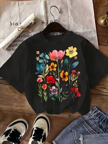 Women's Cotton Pattern Print T-Shirt LH3Z - Black - View 1