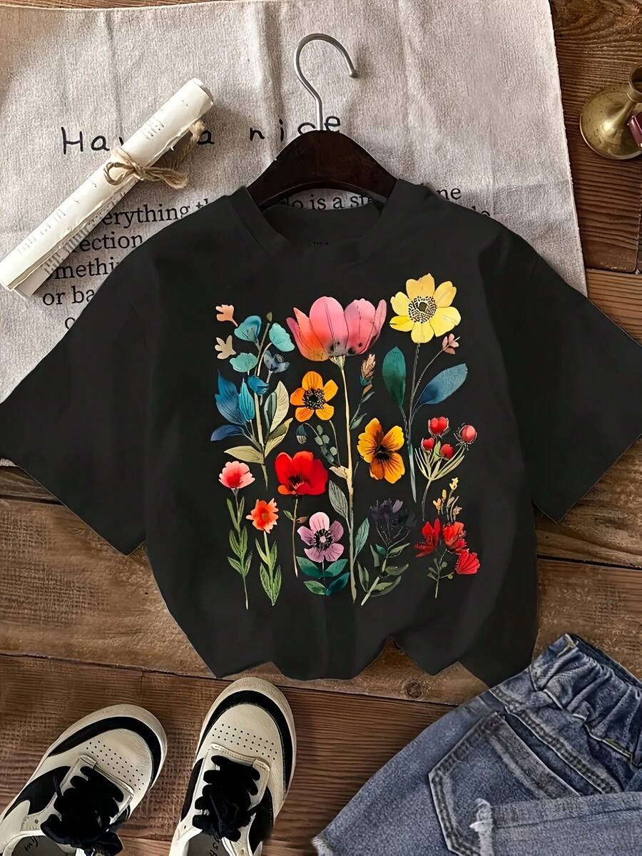Women's Cotton Pattern Print T-Shirt LH3Z - Black - View 1