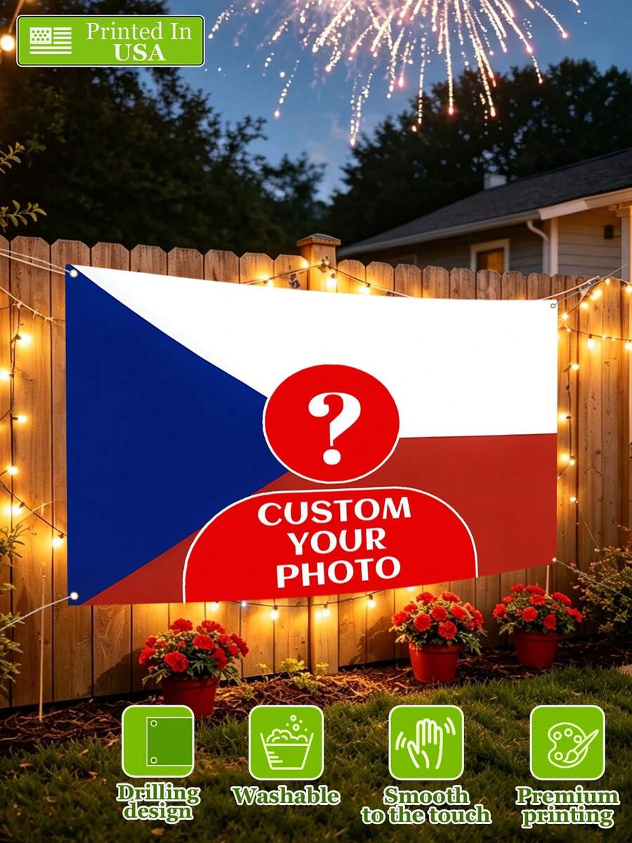 Customization Personalized Czech Republic Flag Pattern Design Pattern Family Photo, Couple, Sisters Photo Flags ,Customized Banners & Pennants,Background Decoration For Wall Fabric, 2D Flat Tapestry, Custom Garden Flags, Garden Decoration,Personalized DIY Homemade Items, As Birthday Gifts, Gift Room Banners, Wall Banners, University Dormitory Decoration, Outdoor, Family, Graduation,Wedding, Souvenir Customization, Suitable For All Seasons' Wall Fabric, Washable, Machine Washable, Lightweight, Comfortable,Punch Hole Unique Design, Suitable For Her Personalized Ideal Decorative Gifts, Suitable For Her, Him, Family, Father, Mother, Lover, Daughter, Son, Friends, Classmates. Perfect For Camping, Traveling, Home Life, Daily Life, Office Decoration, Birthday, Anniversary, Valentine's Day, Thanksgiving, Christmas, Halloween, Mother's Day, Father's Day, Wedding, Easter, New Year Gifts, Car, Bedroom, Living Room, Office, Outdoor Camping, Beach, Yoga Party,Outdoor Flag Wall Tapestry - Multicolor - View 1
