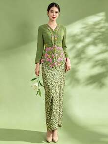 1 buah Rok Kebaya Nyonya Elegan Motif Bunga untuk Wanita, Musim Semi/Panas (Atasan Tidak Termasuk) - Olive Green - View 8