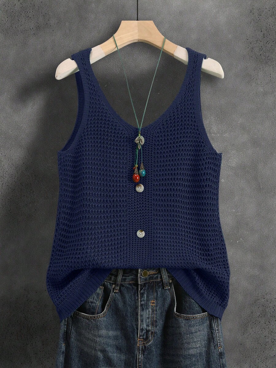 Chaleco de Punto Reversible con Botones Decorativos, Cuello en V, Sin Mangas, Verano 2026, Elegante Blusa para Mujer - Azul marino - Ver 1
