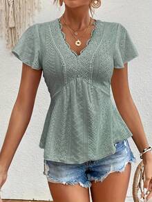 Camiseta elegante de estilo francés para mujer, camiseta con empalme y cuello con volantes y Falda plisada con ribete de encaje, ropa informal con estampado Floral a juego - verde - Ver 3