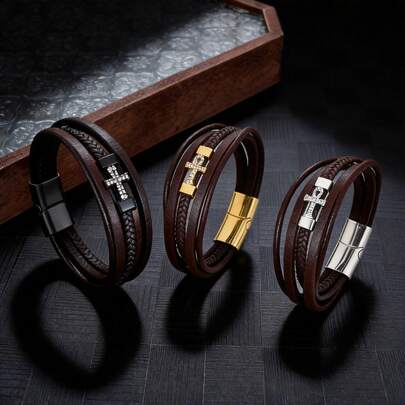 Regalo del Día del Padre Pulsera trenzada hecha a mano de cordón de cuero y acero inoxidable, estilo vintage personalizado, regalo para el padre, novio