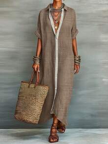 Đầm cardigan nữ dáng rộng tay ngắn cổ bẻ, vạt bất đối xứng, thích hợp cho đi nghỉ mát, đi làm hàng ngày và hẹn hò. - màu nâu - Xem 1
