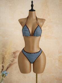 Bộ đồ bơi 3 mảnh dành cho nữ, bộ bikini kẻ sọc retro gợi cảm thời trang với quần cạp cao đồng bộ, thích hợp cho kỳ nghỉ thư giãn và tiệc bể bơi, đồ bơi và trang phục đi biển mùa hè dành cho nữ - Màu xanh lam - Xem 6