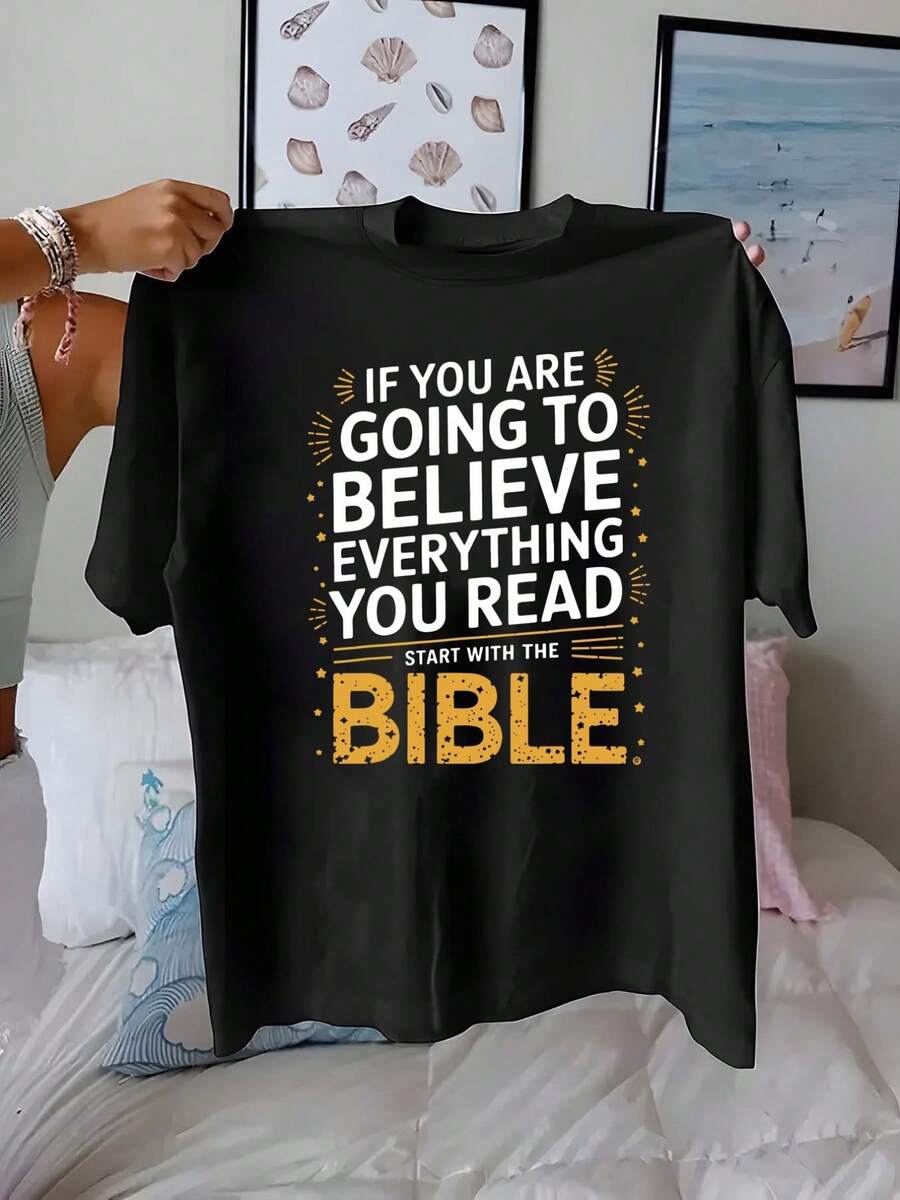 Bible, Faith Print, Women'S Casual Short-Sleeve Top, Comfortable Fit, Sister Outfit, Essential For Outdoor, Women'S T-Shirt, Spring And Summer T-Shirt - 黑色 - 查看 1