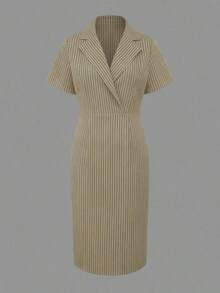 Vestido midi a rayas para mujer, estilo blazer con solapa, manga corta, ajustado, ideal para trabajo y casual - Blanco y Negro - Ver 8