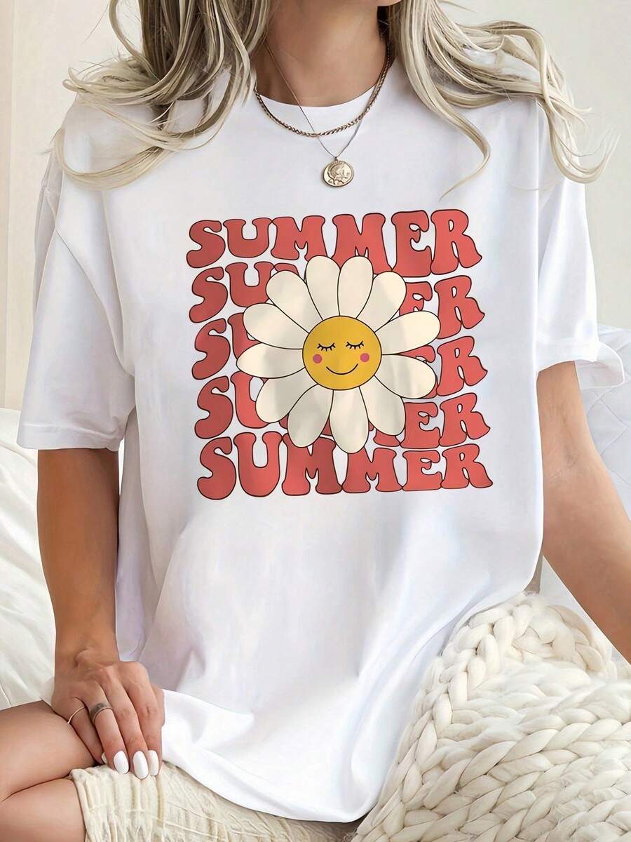Camiseta de manga corta para mujer de moda - Impresión de sonrisa de margarita de verano, fresca y linda. Diseño impreso, lavable en máquina, cómodo cómodo de cuello redondo. Hecho de mezcla de poliéster de alta calidad, adecuado para el desgaste durante todo el año