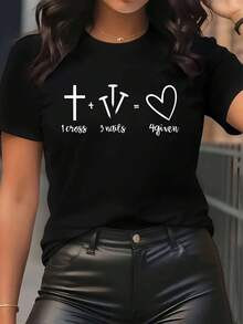 Short Sleeve T-Shirt with Inspirational Quote & Geometric Print - Lightweight Comfortable Blouse-Compatible for Brands Machine Washable Suitable for Home Office Wear, Casual Daily Outfits, Easy Care Clothing - Negro - Ver 2