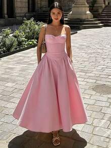 2026 Spring New Women's Clothing: Cross-Border European And American Dress, Elegant French Retro Waist-Cinching Strap Dress - 粉色 - 查看 10