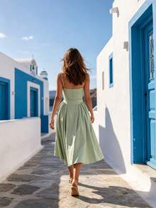 2026 Spring New Women's Clothing: Cross-Border European And American Dress, Elegant French Retro Waist-Cinching Strap Dress - 淺綠色 - 查看 8