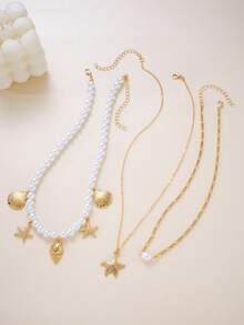 Set de 3 collares minimalistas de estilo bohemio con colgante de estrella de mar de concha falsa, collares multicapa para mujeres, parejas, hermanas, adecuados para verano, vacaciones, citas, diario, fiesta, boda, regalo para mamá, amigos - Amarillo Oro - Ver 6