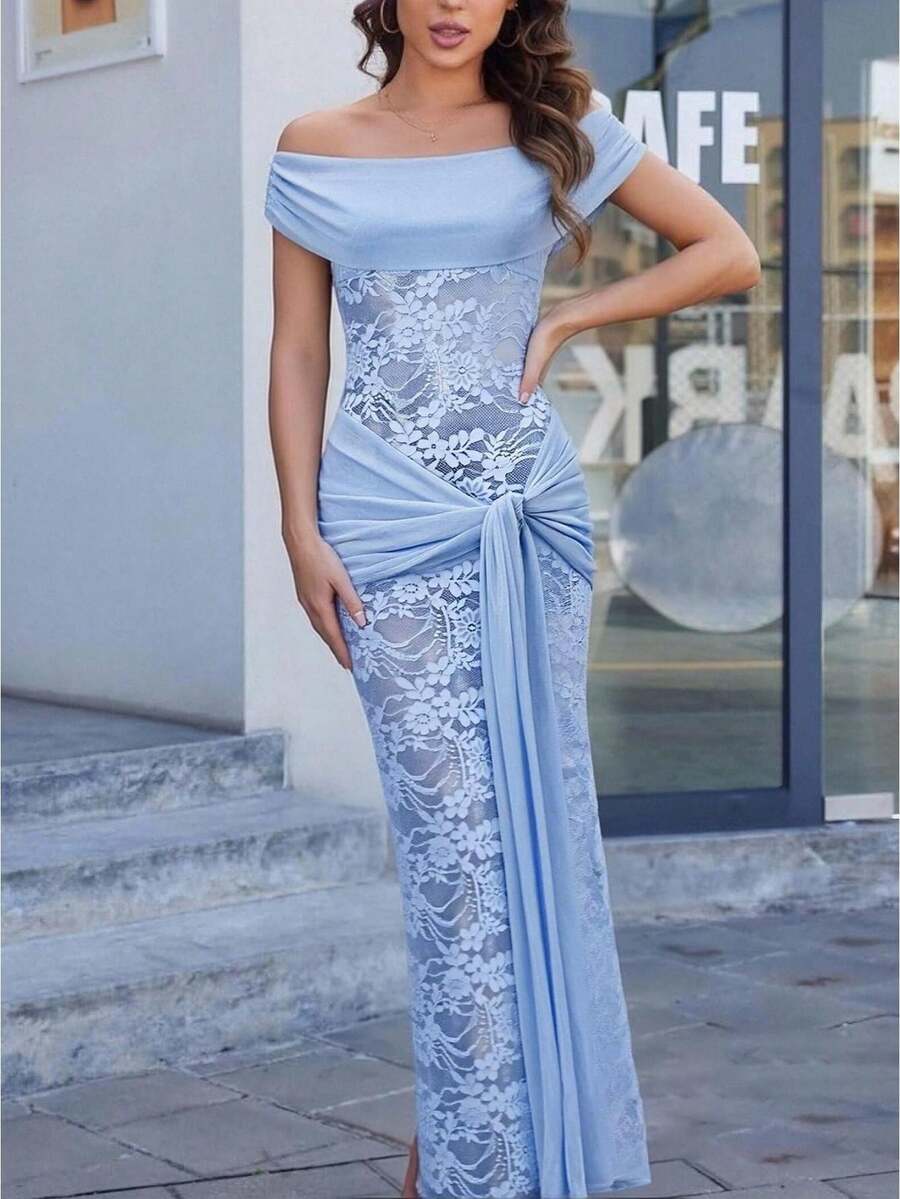 Vestido Largo Mujer de Encaje Hombros Descubiertos o Strapless con Nudo Ajustado Elegante Formal Fiesta Noche - Azul - Ver 1