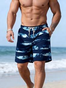Shorts de playa a rayas azules para hombres, estilo hawaiano - Azul - Ver 5