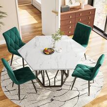 Dining Table And Chair Set (5 Pieces), Modern Hexagonal Marble Table + 4 Green Velvet Dining Chairs To Create A Warm And Modern Restaurant - Black + White + Green - View 2