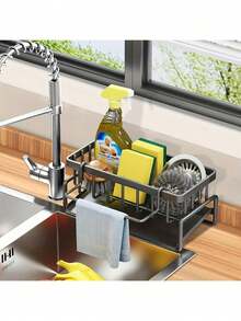 1 pieza Cesta de plástico para fregadero de cocina con bandeja de drenaje, estante de almacenamiento multifuncional para esponja, líquido lavavajillas y paño, organizador a prueba de óxido para encimera, adecuado para accesorios de cocina y baño - Multicolor - Ver 7
