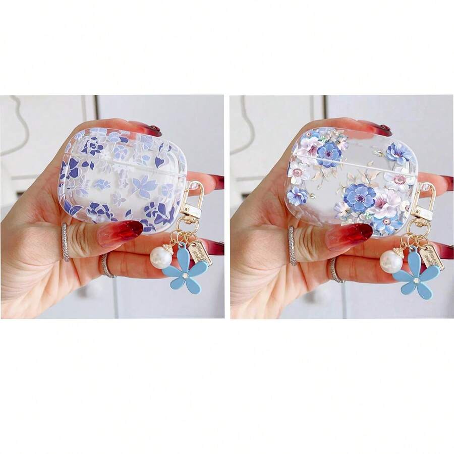 奢华蓝色花朵图案金属蓝色花朵吊坠无线蓝牙耳机高级保护套，兼容苹果4/3/Pro/Pro2/Pro3/1/2，防震蓝牙耳机保护套，春季生日礼物，复活节礼物 - 藍色 - 查看 1