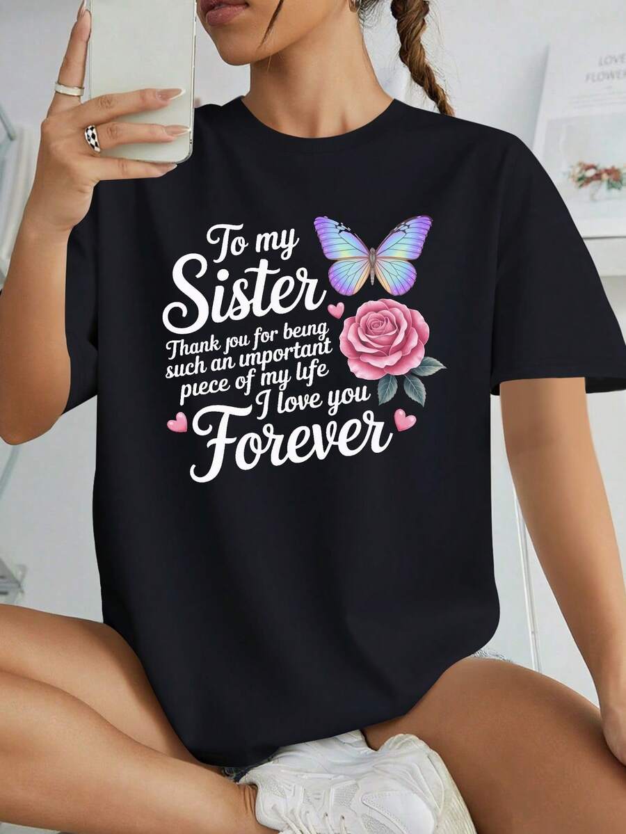 Camiseta negra de las mujeres- mensaje de amor de la hermana, mariposa y diseño floral- regalo conmemorativo de cumpleaños de la hermana- todo el año cómodo ajuste, camiseta de la hermana, ropa sensual, diseño reflexivo, tela cómoda, patrón geométrico