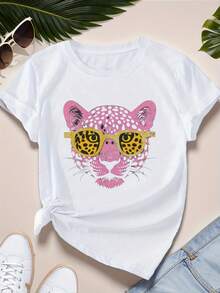 Camiseta de manga corta de deportes de talla más de la mujer con brillo de leopardo rosa - Blanco - Ver 2