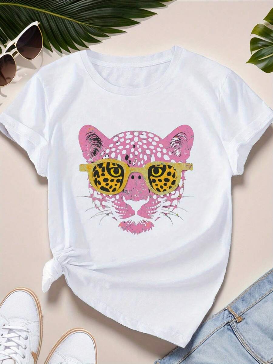 Camiseta de manga corta de deportes de talla más de la mujer con brillo de leopardo rosa