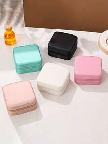 1 pieza Caja de joyería de viaje de piel sintética, organizador de joyería multifuncional, estuche de almacenamiento de joyería mini, soporte para cosméticos de maquillaje y esmalte de uñas, caja de joyería compacta - Cremallera cuadrada - Ver 6
