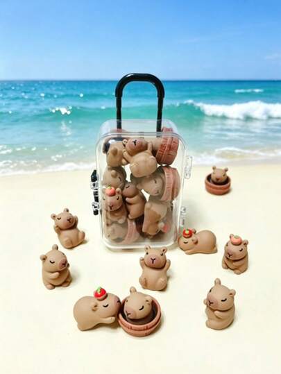 12pcs (11pcs Capybara + 1pc Mini Suitcase Set), ABS Material Capybara Figurines In Brown/Pink, DIY Accessories, Suitable For Home Decor, Office Decoration, Handmade Jewelry Display, TV Cabinet, Living Room, Bar & Cafe Counter, Micro Landscape, Company Reception Desk, Birthday, Graduation, Luggage Jewelry Storage, Animal Model, Collection Display And Storage, Stress Relief, Office Desk. Party Gifts, Miniature Figurines And Models, Photography Props. No Power Required