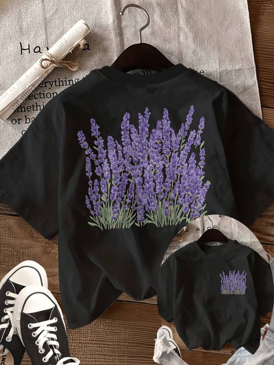 Summer Tops: Women's Vintage Lavender Flower Field T-Shirt - Short-Sleeved Crew Neck Top With A Relaxed Fit And Double-Sided Lavender Print, Breathable Casual Blouse, Suitable For Spring And Summer Leisure Wear, Machine Washable Non-Cotton T-Shirt, Summer Outfits. - Black - View 1