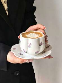 1 Set Ceramic Coffee Cup & Saucer With Ditsy Floral Pattern, French Chic Floral Rim Ceramic Cup, Matching Floral Rim Plate, Ceramic, Cute, Creative, Personalized Breakfast Cup, Tea Cup, Coffee Cup - Multicolor - View 13