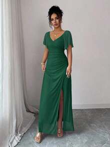 Vestido morado claro con cuello en V, mangas con volantes, cintura plisada y abertura, vestido elegante de dama de honor, vestido de fiesta, primavera/verano - Verde Oscuro - Ver 4