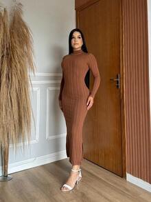 Maya Long Ribbed Dress With Long Sleeves And High Neck - 巧克力棕 - 查看 3
