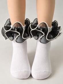 1 par de calcetines con volantes y encaje para niñas, estilo princesa dulce, calcetines versátiles de diario con volantes para niñas pequeñas - Negro - Ver 3