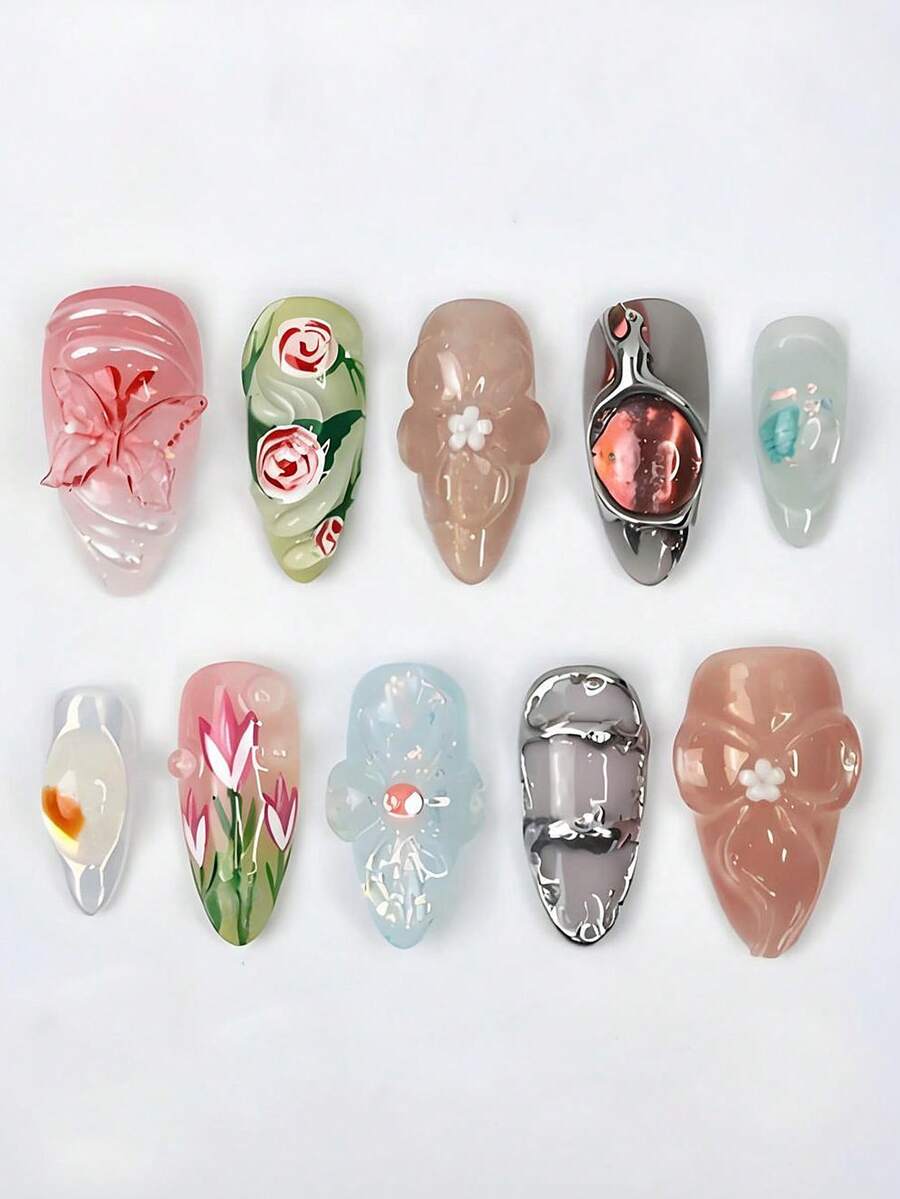 10 móng giả phủ kín mặt, họa tiết hoa 3D, bướm và trừu tượng, kích thước hỗn hợp XS/S/M, bằng kim loại sáng bóng, kiểu Y2K dành cho nữ và bé gái. - Nhiều màu - Xem 1