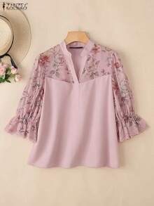 ZANZEA-Blusas elegantes para mujer, Tops de retales de gasa con estampado Floral, Tops a la moda con cuello en V, manga abombada 3/4, adornos de encaje, ropa para mujer S-3XL - Caqui - Ver 2