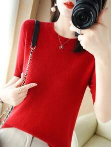 Camiseta de punto de manga corta para mujer, cuello redondo, mezcla de algodón de lana, Jersey, chaleco, Tops de fondo de verano, suéter sólido suave, nuevo - Azul marino - Ver 3