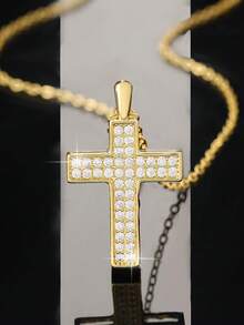 1pc Fully Cross Necklace, Gold Hiphop Style Pendant, Niche Luxury Versatile Accessory - Gold - View 3