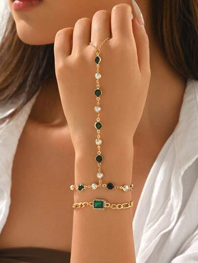 2pcs/Set Fashion Faux Pearl & Rhinestone Finger Chain, Elegant Double-Layer Stackable Bracelet, Versatile Jewelry For Daily Wear, Street Style And Photo Shoot. Handmade Chain Length And Bead Color/Quantity Are Randomly Assorted.